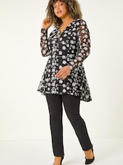 Roman Black Curve Floral Print V-Neck Zip Front Blouse - Image 3 of 5