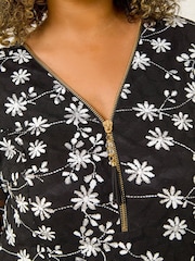Roman Black Curve Floral Print V-Neck Zip Front Blouse - Image 5 of 5