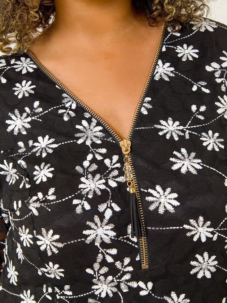 Roman Black Curve Floral Print V-Neck Zip Front Blouse - Image 5 of 5