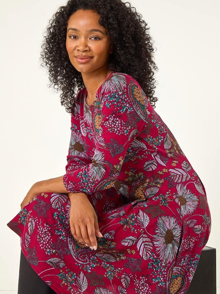 Roman Red Petite Floral Print A-Line Stretch Dress - Image 2 of 5 Roman Red Petite Floral Print A-Line Stretch Dress - Image 2 of 5