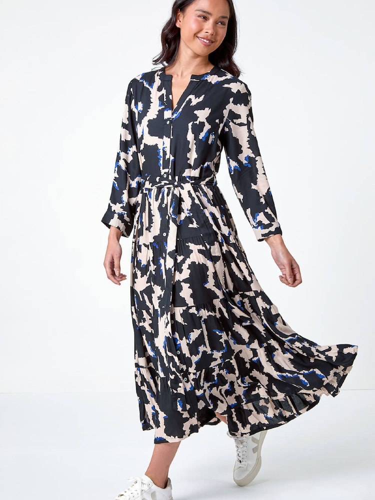 Roman Black Petite Abstract Print Button Midi Dress - Image 1 of 5 Roman Black Petite Abstract Print Button Midi Dress - Image 1 of 5