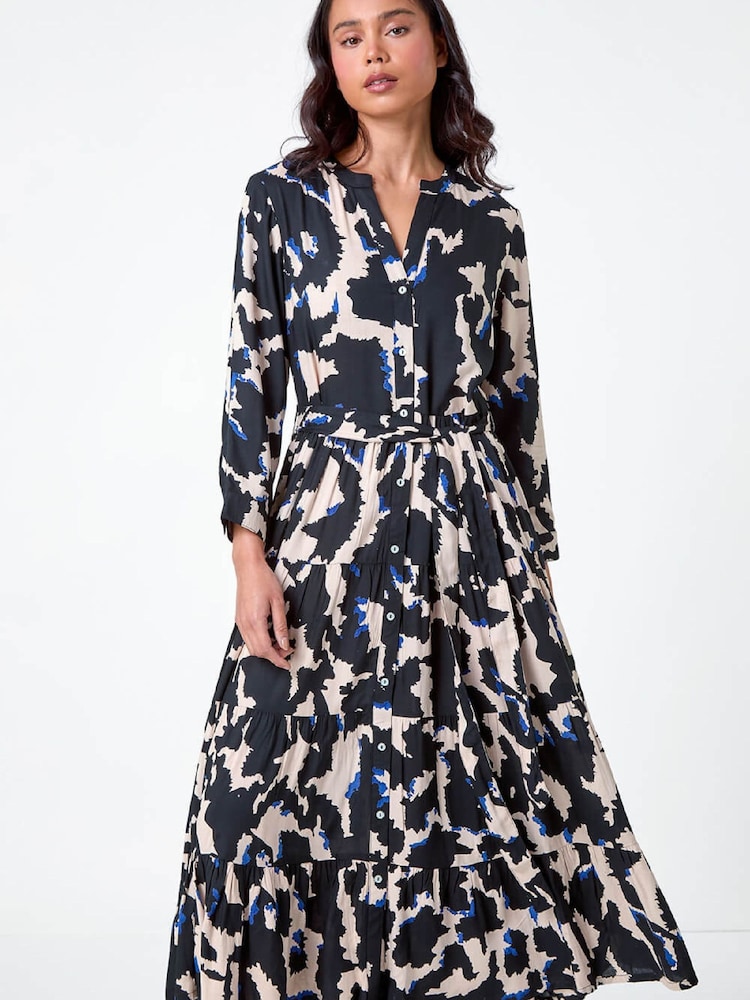 Roman Black Petite Abstract Print Button Midi Dress - Image 2 of 5 Roman Black Petite Abstract Print Button Midi Dress - Image 2 of 5