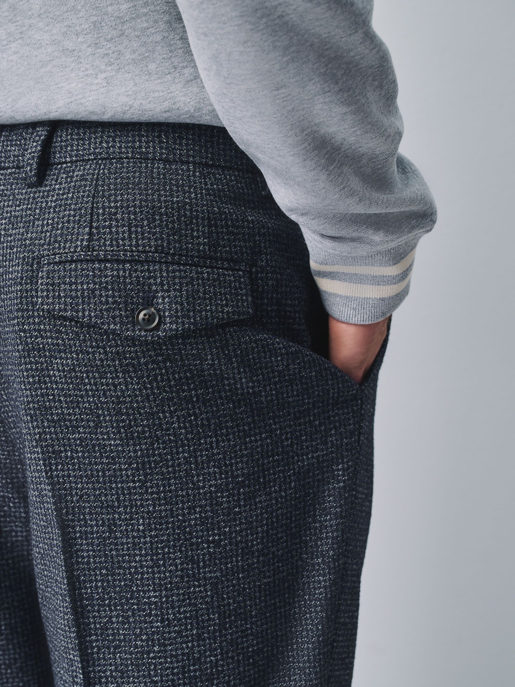 Buy Navy Tailored Fit Puppytooth Boucle Textured Suit Trousers