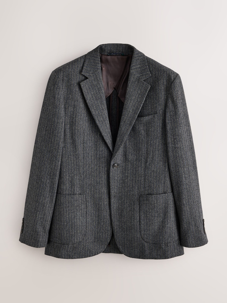 Grey Tailored Fit With Wool Herringbone Stripe Suit Jacket - Image 1 of 6 Grey Tailored Fit With Wool Herringbone Stripe Suit Jacket - Image 1 of 6
