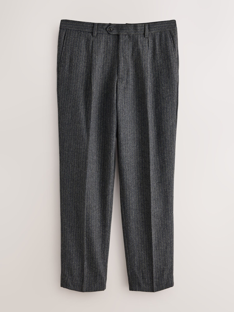 Grey Tailored Fit With Wool Herringbone Stripe Suit Trousers - Image 1 of 5