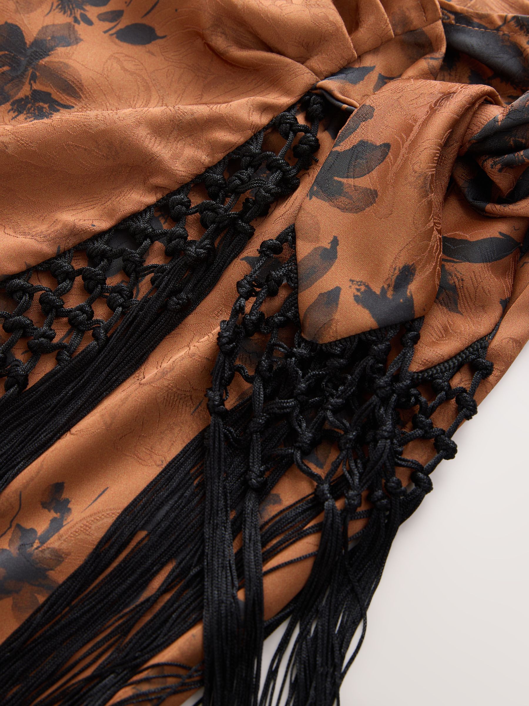 Buy Rust Brown Floral Jacquard Satin Maxi Fringe Detail Sarong