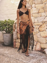 Rust Brown Floral Jacquard Satin Maxi Fringe Detail Sarong - Image 3 of 10