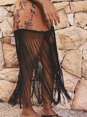 Rust Brown Floral Jacquard Satin Maxi Fringe Detail Sarong - Image 6 of 10