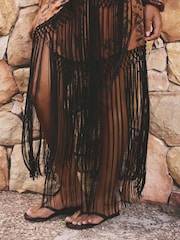 Rust Brown Floral Jacquard Satin Maxi Fringe Detail Sarong - Image 7 of 10