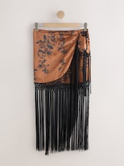 Rust Brown Floral Jacquard Satin Maxi Fringe Detail Sarong - Image 8 of 10