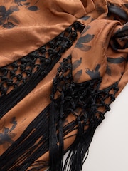 Rust Brown Floral Jacquard Satin Maxi Fringe Detail Sarong - Image 9 of 10
