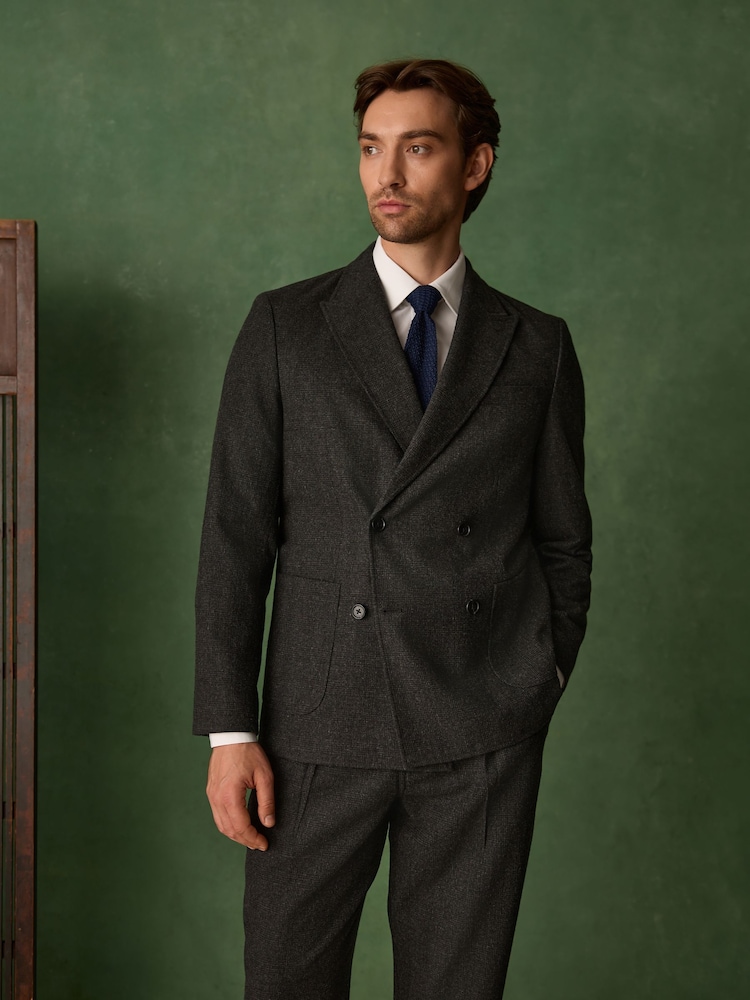 Charcoal Grey Double Breasted Relaxed Fit Check Suit Jacket with Wool - Image 1 of 7 Charcoal Grey Double Breasted Relaxed Fit Check Suit Jacket with Wool - Image 1 of 7