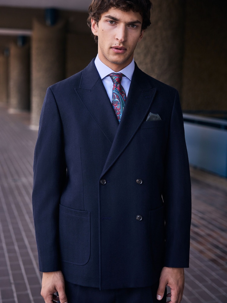 Navy N. Premium Double Breasted Tailored Fit Nova Fides Italian Wool Blend Herringbone Suit Jacket - Image 2 of 8 Navy N. Premium Double Breasted Tailored Fit Nova Fides Italian Wool Blend Herringbone Suit Jacket - Image 2 of 8