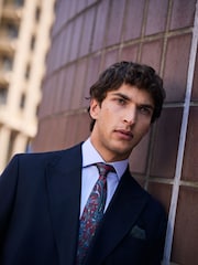 Navy N. Premium Double Breasted Tailored Fit Nova Fides Italian Wool Blend Herringbone Suit Jacket - Image 4 of 8