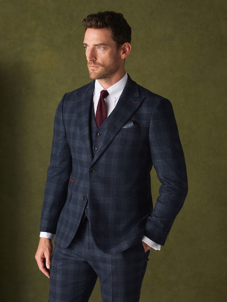 Bright Blue Slim Fit Nova Fides Italian Wool Rich Check Trimmed Suit Jacket - Image 1 of 12