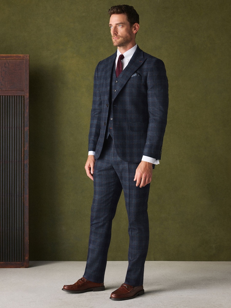 Bright Blue Slim Fit Nova Fides Italian Wool Rich Check Trimmed Suit Jacket - Image 2 of 12