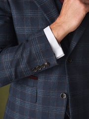Bright Blue Slim Fit Nova Fides Italian Wool Rich Check Trimmed Suit Jacket - Image 6 of 12