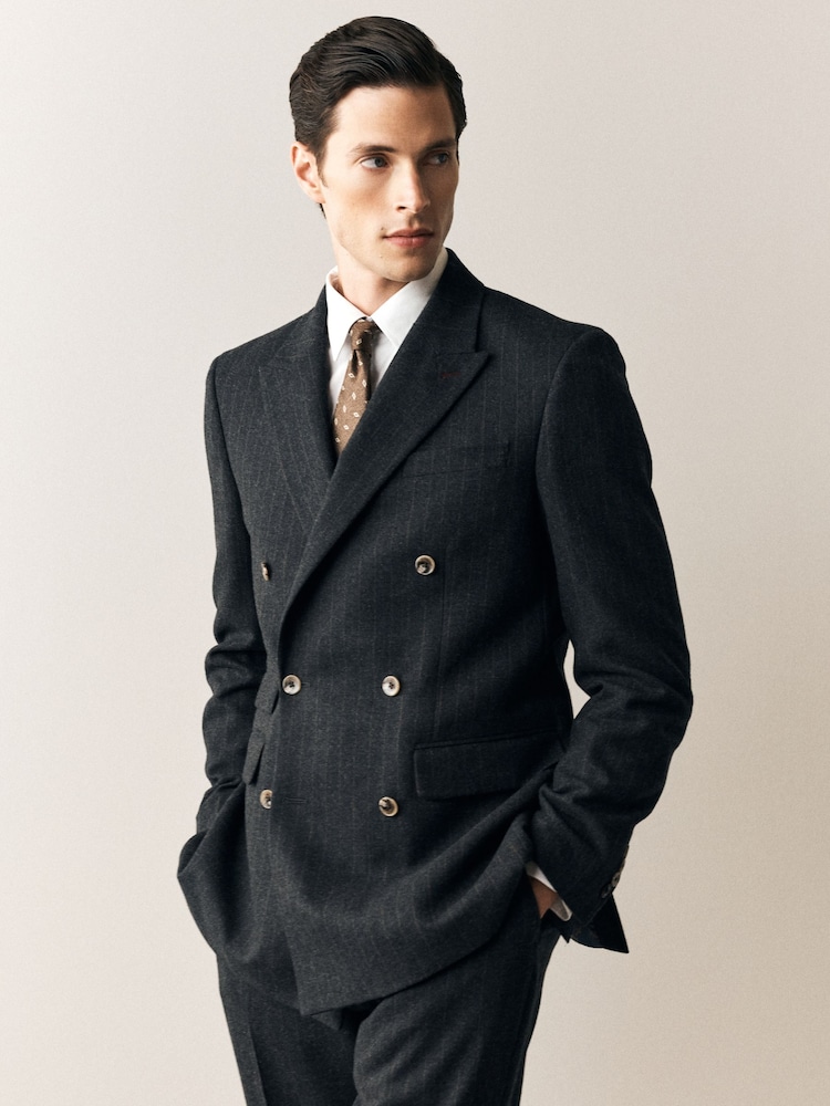 Charcoal Grey Double Breasted Tailored Fit Stripe Trimmed Suit Jacket With Wool - Image 1 of 12 Charcoal Grey Double Breasted Tailored Fit Stripe Trimmed Suit Jacket With Wool - Image 1 of 12