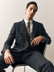 Charcoal Grey Double Breasted Tailored Fit Stripe Trimmed Suit Jacket With Wool - Image 3 of 12