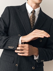 Charcoal Grey Double Breasted Tailored Fit Stripe Trimmed Suit Jacket With Wool - Image 6 of 12