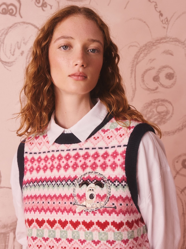 Cath Kidston Pink Wallace and Gromit Fairisle Knitted Vest - Image 1 of 4 Cath Kidston Pink Wallace and Gromit Fairisle Knitted Vest - Image 1 of 4