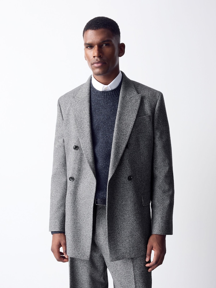 Charcoal Grey Double Breasted Loose Fit Boucle Suit Jacket - Image 1 of 7 Charcoal Grey Double Breasted Loose Fit Boucle Suit Jacket - Image 1 of 7
