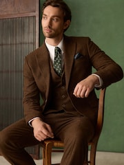 بني مائل للأحمر - Slim Fit Nova Fides Italian Wool Blend Trimmed Herringbone Suit Jacket - صورة 1 من 8