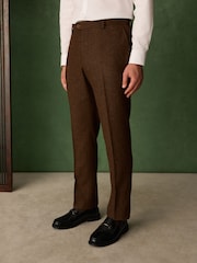 بني مائل للأحمر - Slim Fit Nova Fides Italian Wool Blend Trimmed Herringbone Suit Trousers - صورة 1 من 5