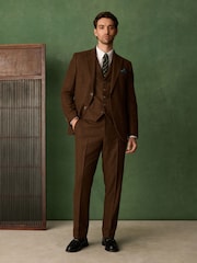 بني مائل للأحمر - Slim Fit Nova Fides Italian Wool Blend Trimmed Herringbone Suit Trousers - صورة 2 من 5