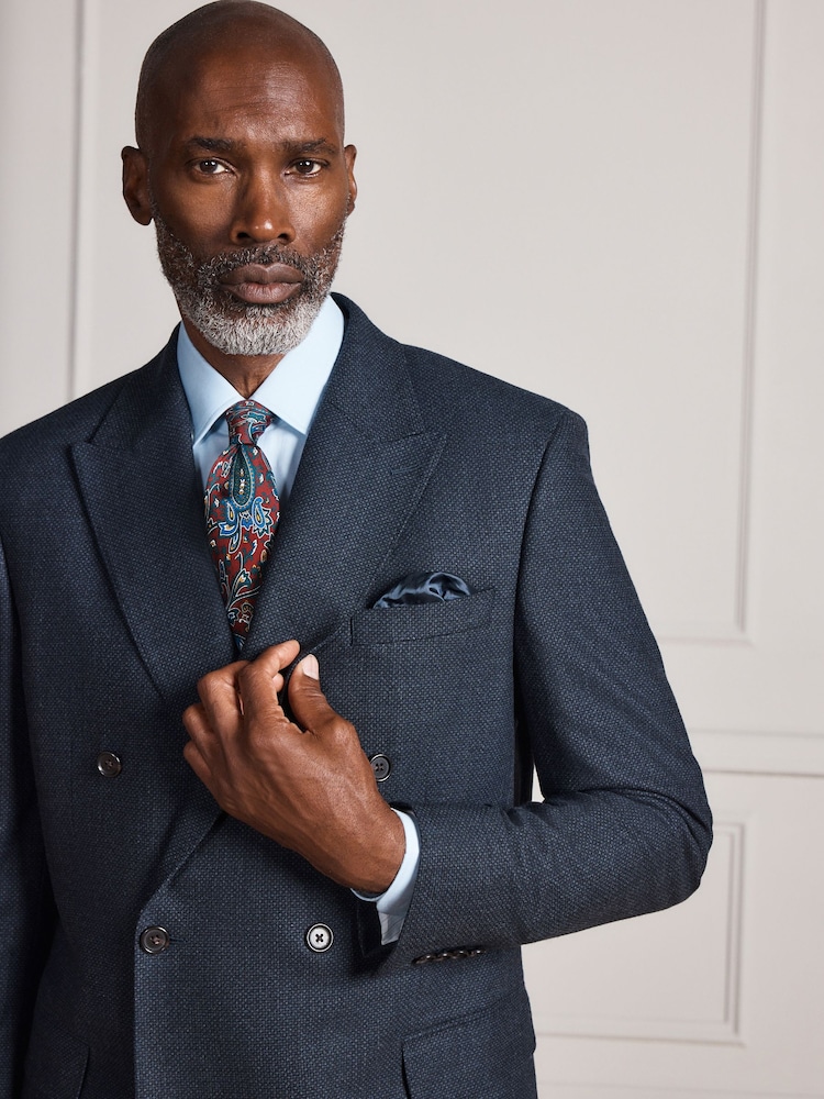 Navy Signature Double Breasted Tailored Fit Motionflex Stretch Tollegno Italian Wool Rich Textured Suit Jacket - Image 1 of 11 Navy Signature Double Breasted Tailored Fit Motionflex Stretch Tollegno Italian Wool Rich Textured Suit Jacket - Image 1 of 11