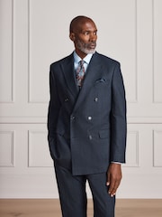 Navy Signature Double Breasted Tailored Fit Motionflex Stretch Tollegno Italian Wool Rich Textured Suit Jacket - Image 4 of 11
