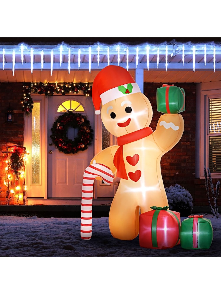 Outsunny White 8Ft Inflatable Gingerbread Man With Candy Cane And Three Gift Bags Outdoor Decoration - Image 1 of 6 Outsunny White 8Ft Inflatable Gingerbread Man With Candy Cane And Three Gift Bags Outdoor Decoration - Image 1 of 6