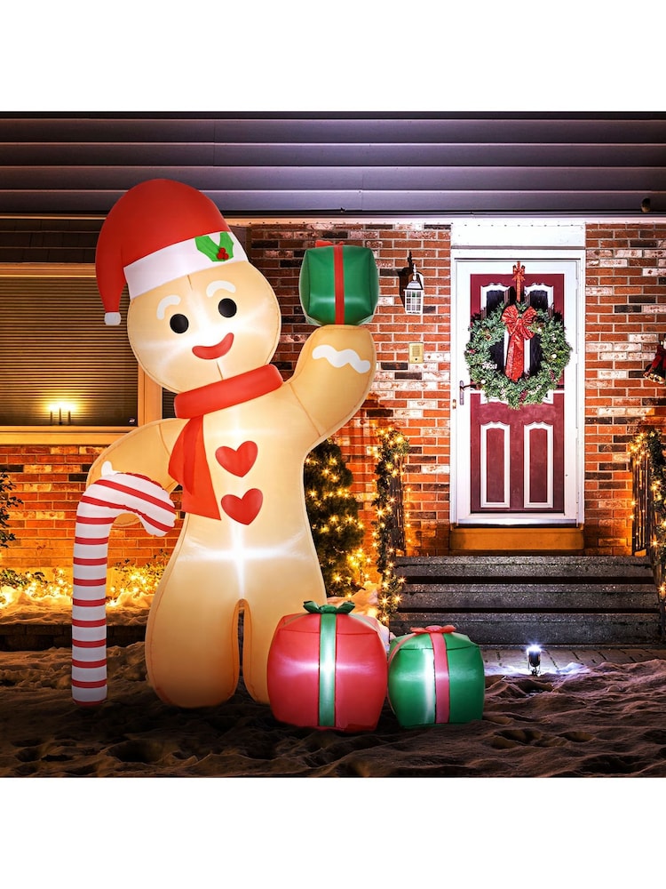 Outsunny White 8Ft Inflatable Gingerbread Man With Candy Cane And Three Gift Bags Outdoor Decoration - Image 2 of 6 Outsunny White 8Ft Inflatable Gingerbread Man With Candy Cane And Three Gift Bags Outdoor Decoration - Image 2 of 6