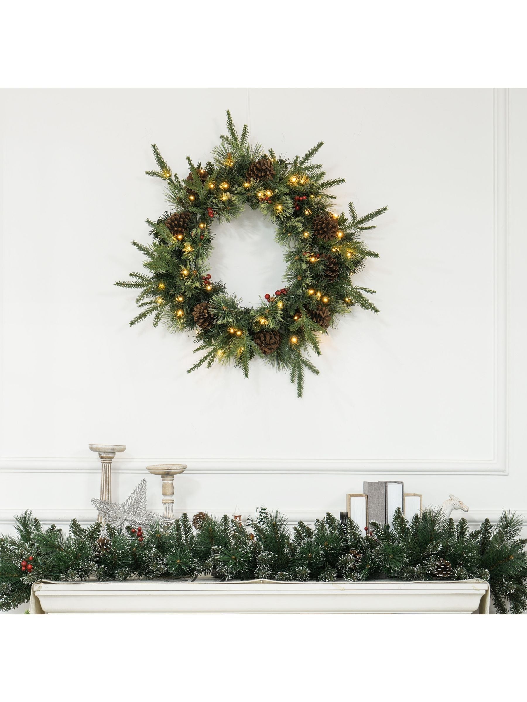 HOMCOM 60cm Pre-Lit Christmas Wreath for Front Door with LED Lights Green | Pine Cones, Red Berries, Winter Wreath for Windows, Wall Decoration - Image 7