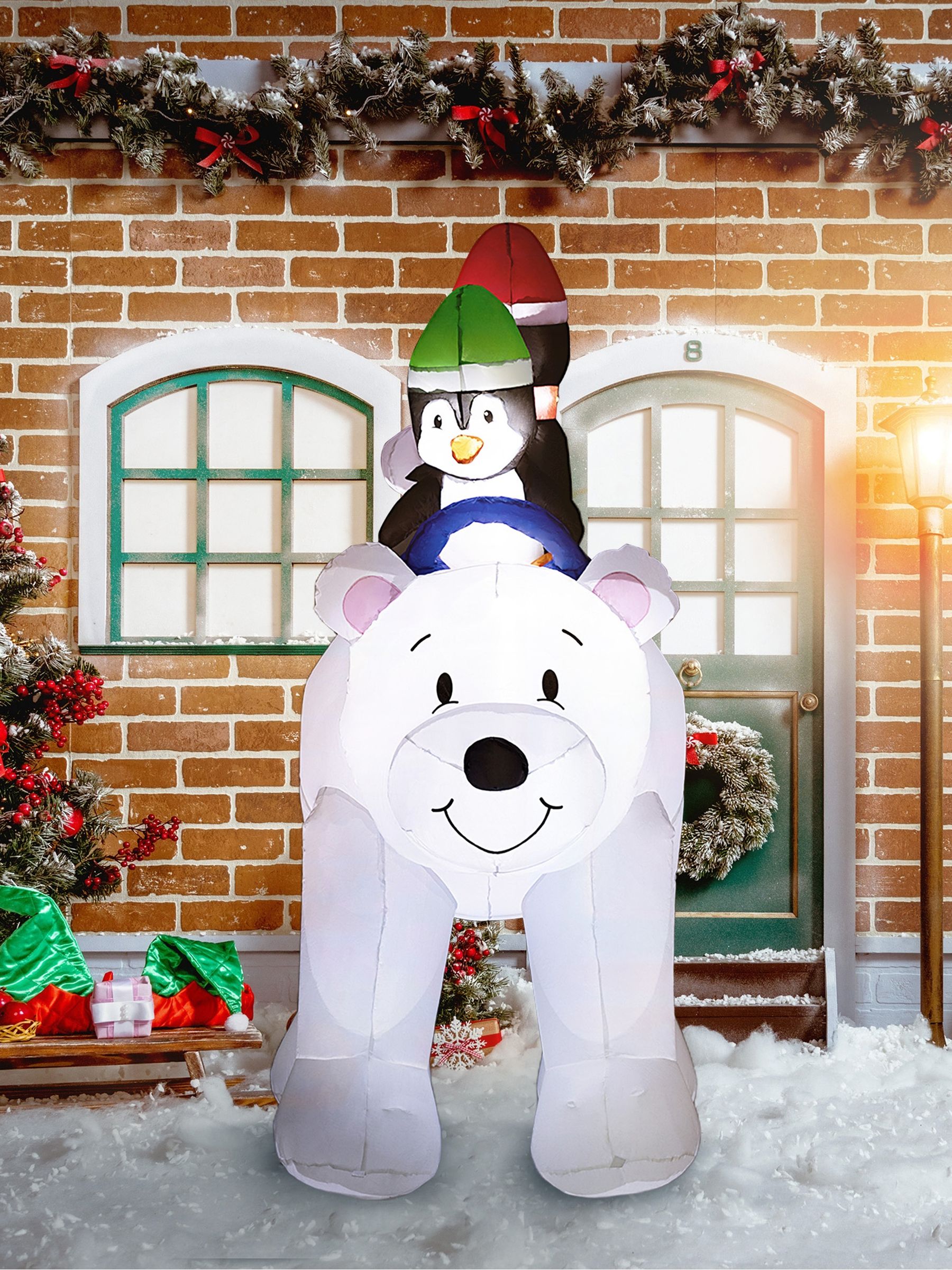 Outsunny Unisex White 6.4Ft Christmas Inflatable Two Penguins Riding On Polar Bear In - Image 6