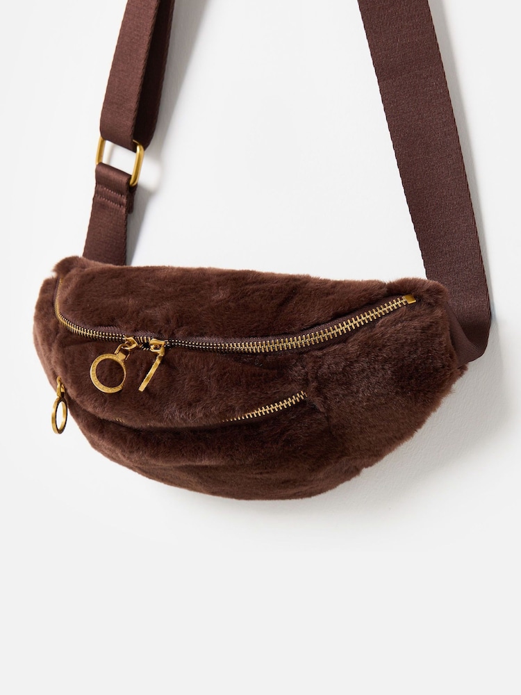 Oliver Bonas Brown Faux Fur Double Zip Belt Bag - Image 1 of 6