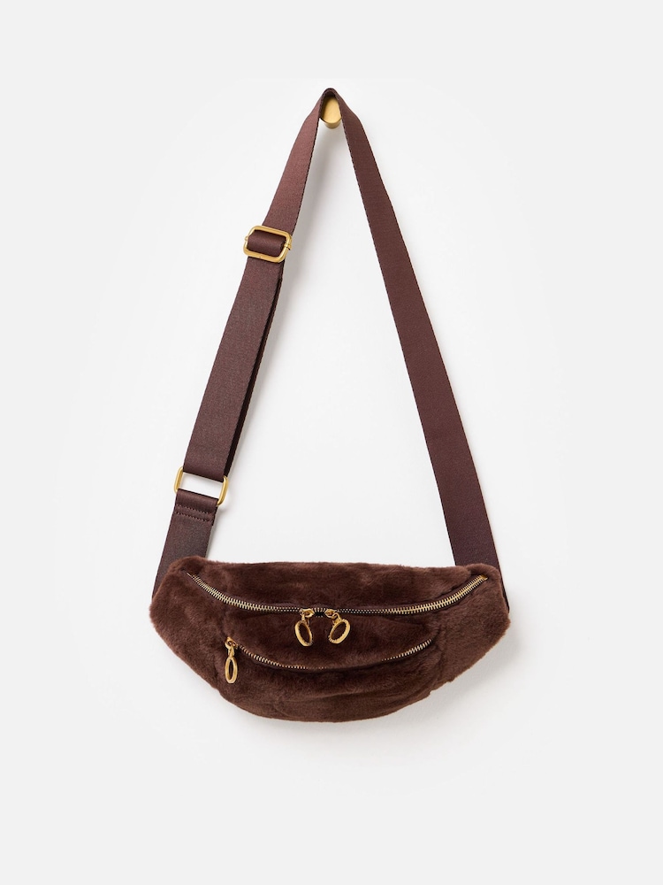 Oliver Bonas Brown Faux Fur Double Zip Belt Bag - Image 2 of 6