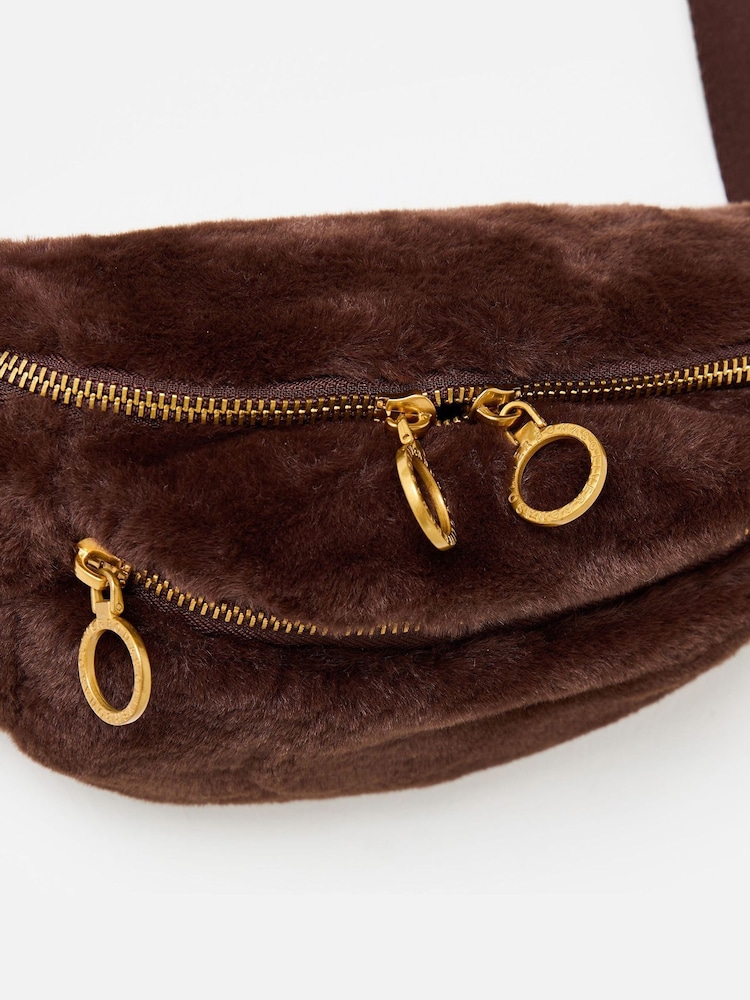 Oliver Bonas Brown Faux Fur Double Zip Belt Bag - Image 6 of 6