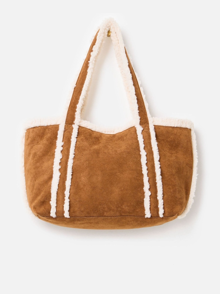 Oliver Bonas Brown Faux Shearling Tote Bag - Image 1 of 6