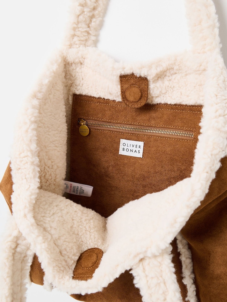 Oliver Bonas Brown Faux Shearling Tote Bag - Image 6 of 6
