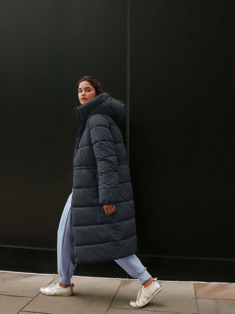 Teal Grey Shower Resistant Hooded Long Padded Puffer Coat - Image 2 of 8 Teal Grey Shower Resistant Hooded Long Padded Puffer Coat - Image 2 of 8