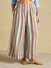 Joules Multi Striped Wide Leg Pull On Trousers with Linen - Image 1 of 9