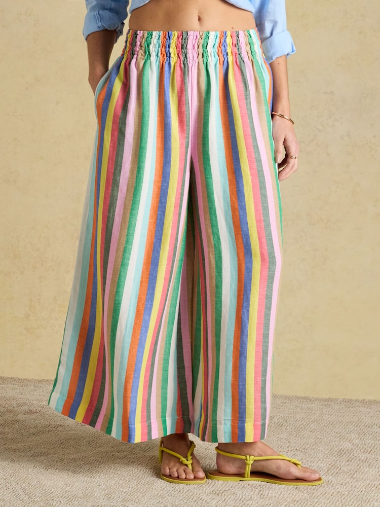 Joules Multi Striped Wide Leg Pull On Trousers with Linen - Image 1 of 9 Joules Multi Striped Wide Leg Pull On Trousers with Linen - Image 1 of 9
