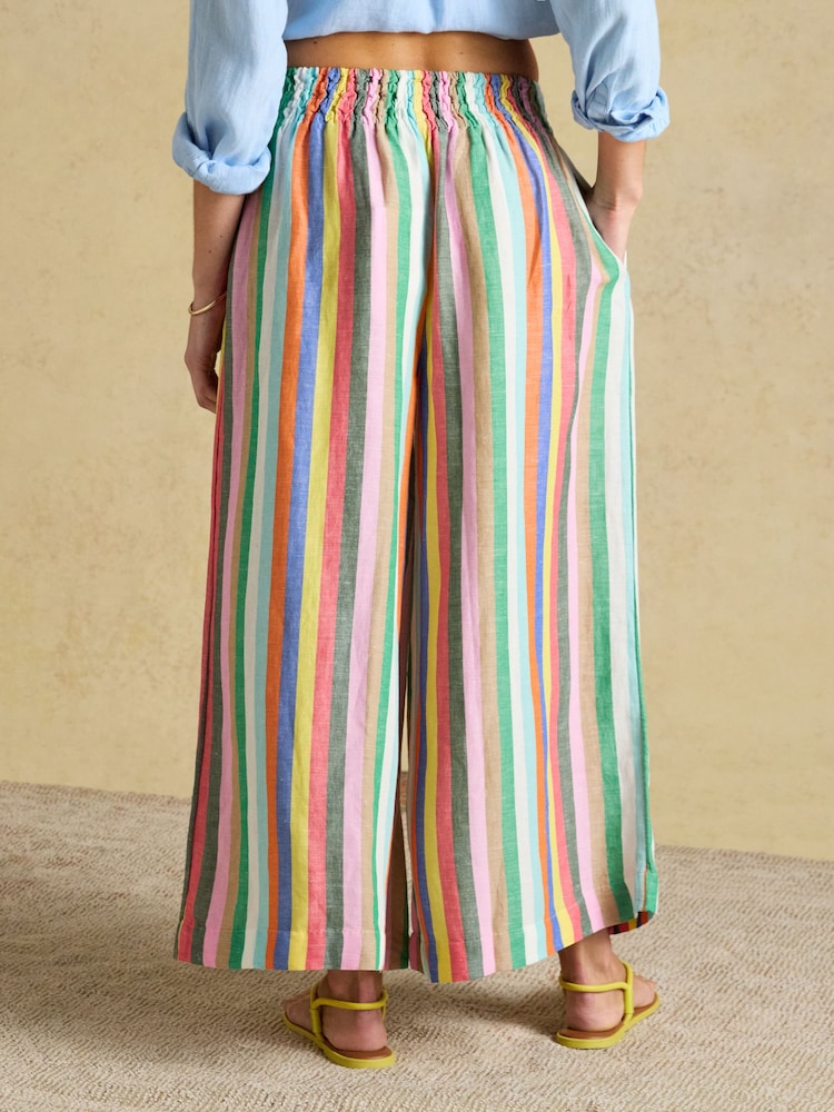 Joules Multi Striped Wide Leg Pull On Trousers with Linen - Image 2 of 9 Joules Multi Striped Wide Leg Pull On Trousers with Linen - Image 2 of 9
