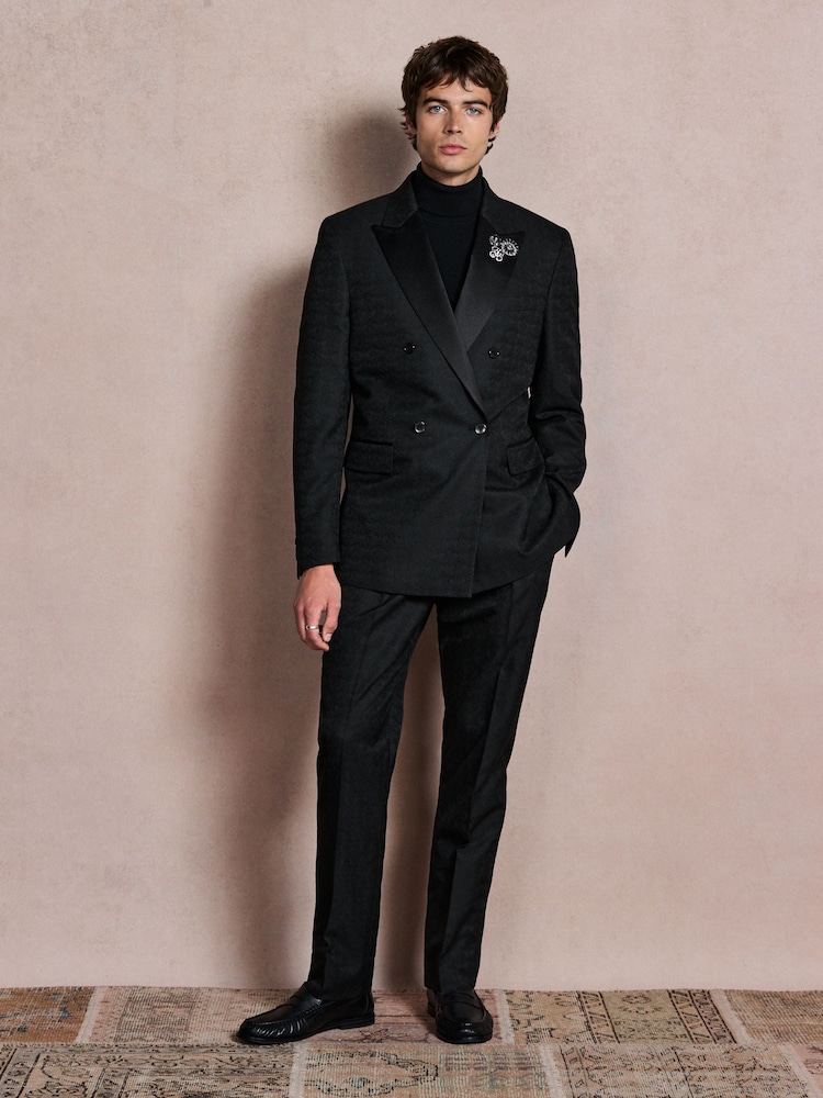 Noir - Veste de smoking Double boutonnage ajustée à motifs avec broche - Image 1 de 13 Noir - Veste de smoking Double boutonnage ajustée à motifs avec broche - Image 1 de 13