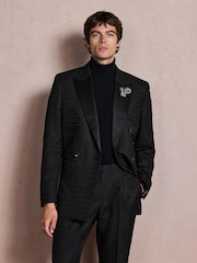 Noir - Veste de smoking Double boutonnage ajustée à motifs avec broche - Image 2 de 13