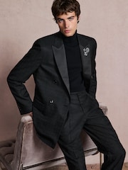 Noir - Veste de smoking Double boutonnage ajustée à motifs avec broche - Image 3 de 13