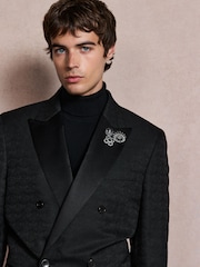 Noir - Veste de smoking Double boutonnage ajustée à motifs avec broche - Image 5 de 13