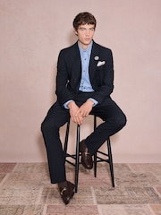 Navy Double Breasted Tailored Fit Textured Tuxedo Suit Jacket With Brooch - Image 1 of 10