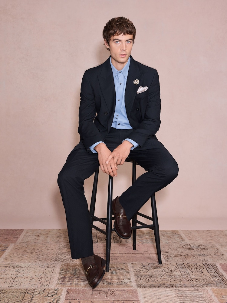 Navy Double Breasted Tailored Fit Textured Tuxedo Suit Jacket With Brooch - Image 1 of 10